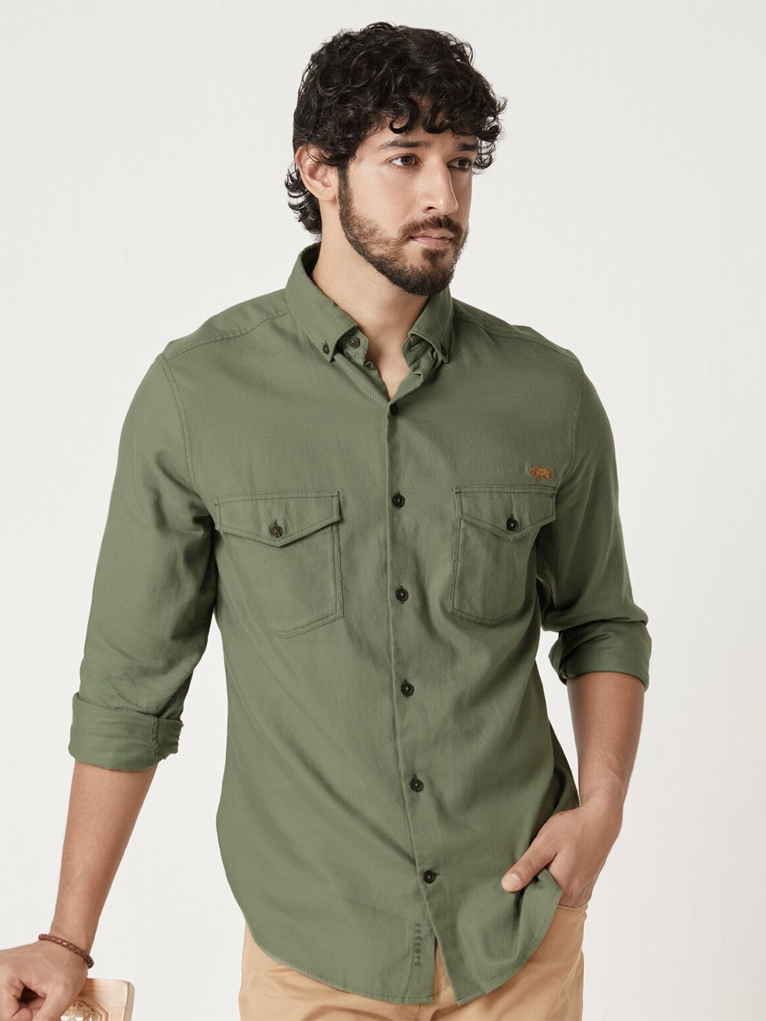 

Andamen Premium Grindle Cotton Casual Shacket, Green