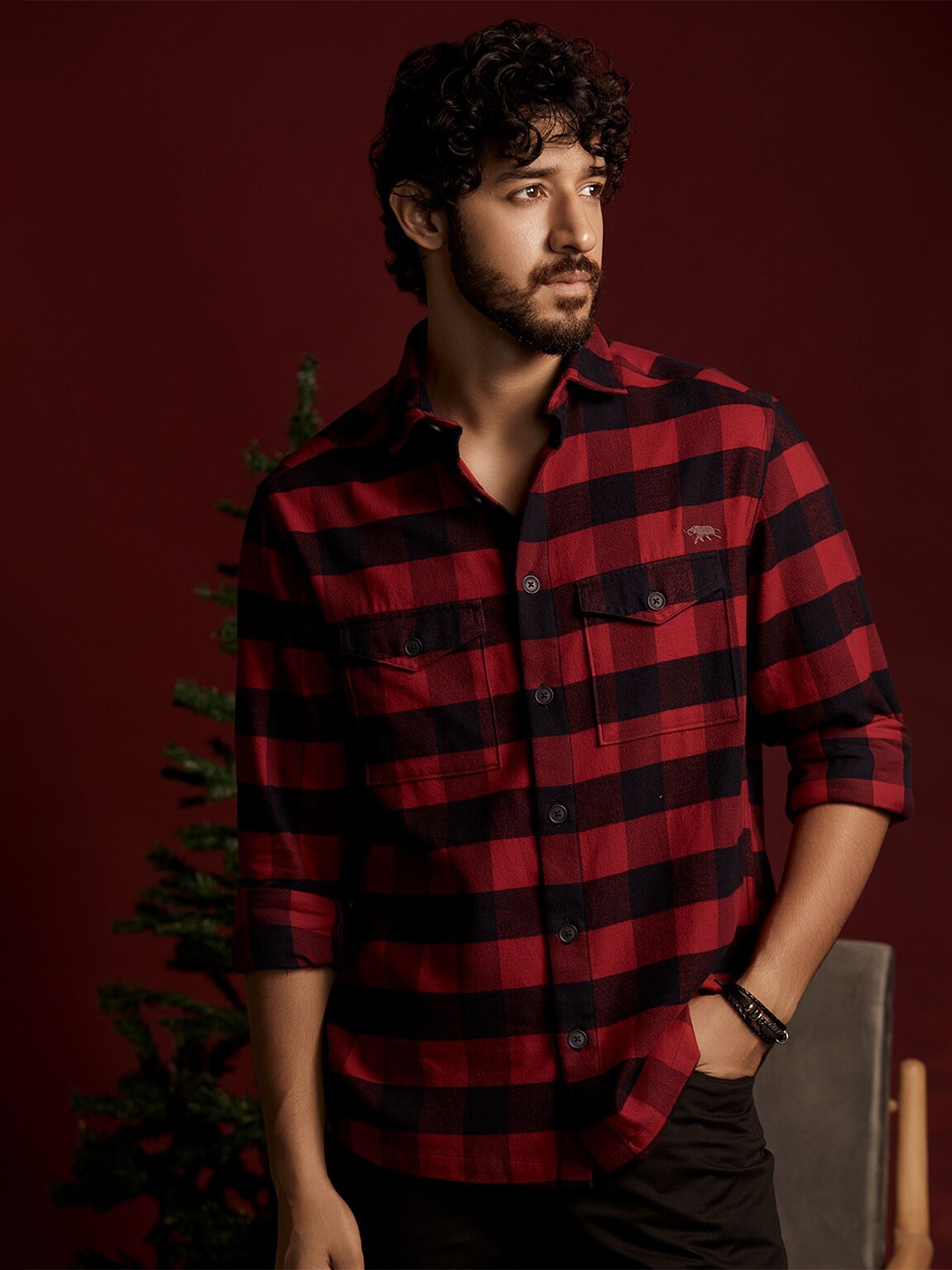 

Andamen Buffalo Checks Premium Cotton Shacket, Red