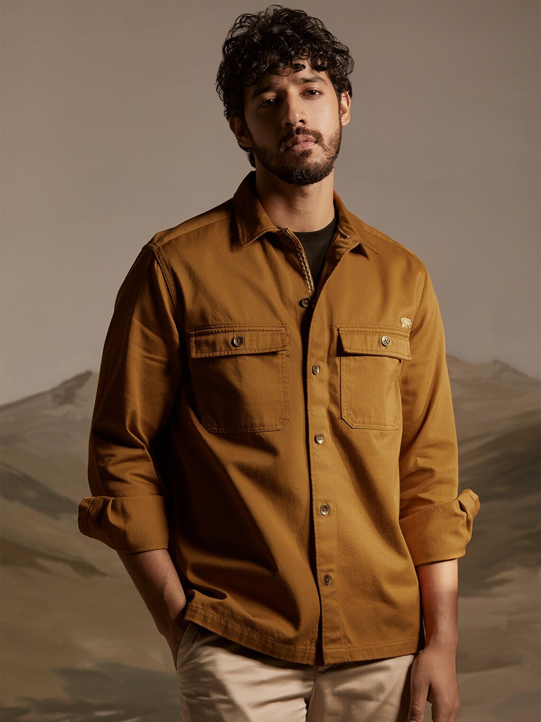 

Andamen Premium Spread Collar Cotton Casual Shacket, Gold