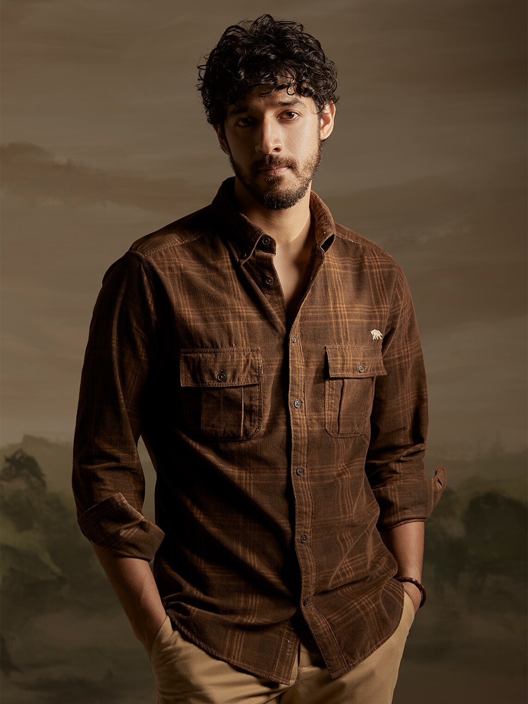 

Andamen Premium Corduroy Windowpane Checked Full Sleeve Shirt, Brown