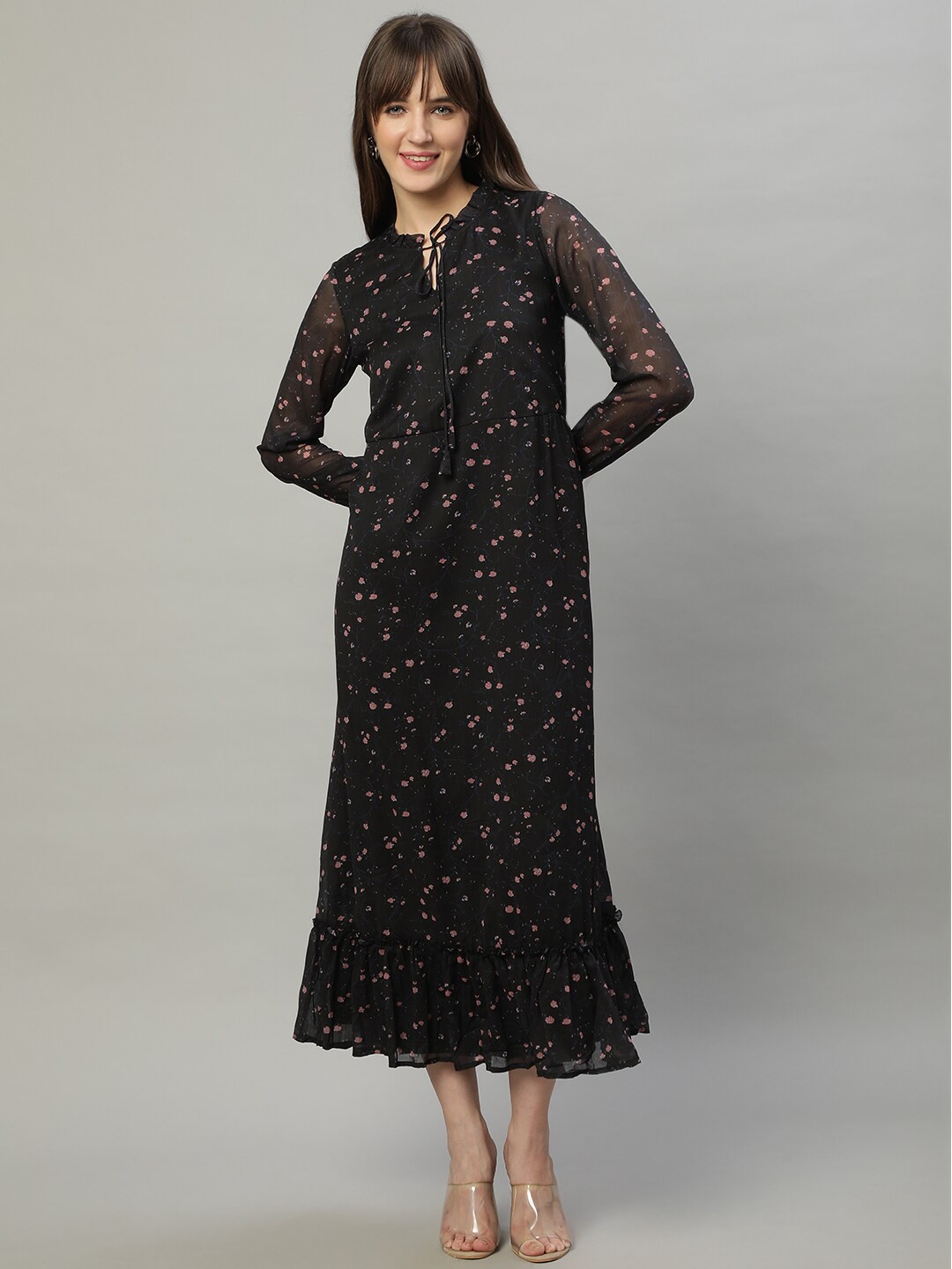 

Roadster Black Floral Printed A-Line Midi Dress