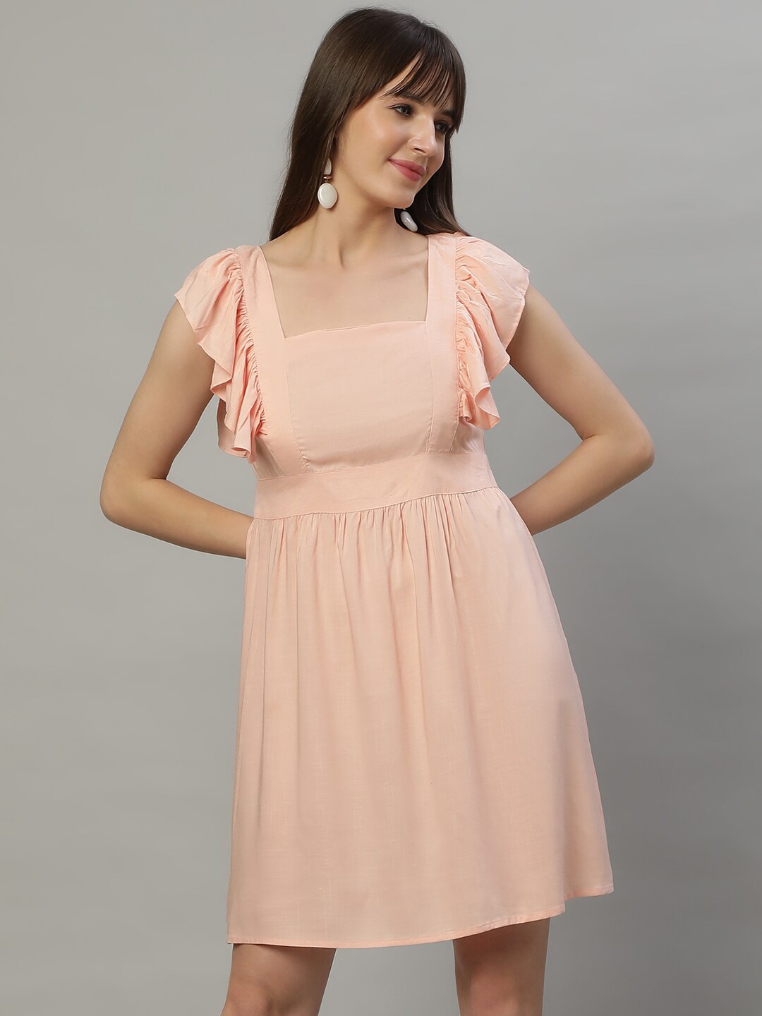 

Roadster Peach-Coloured Flared Sleeves Pure Cotton A-Line Dress