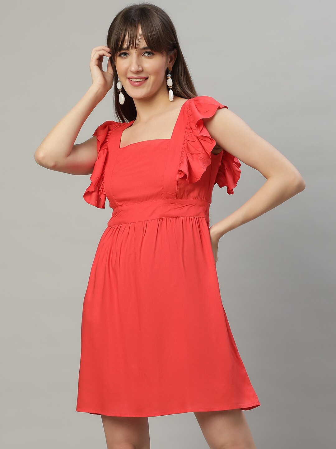 

Roadster Orange-Coloured Flared Sleeves Pure Cotton A-Line Dress