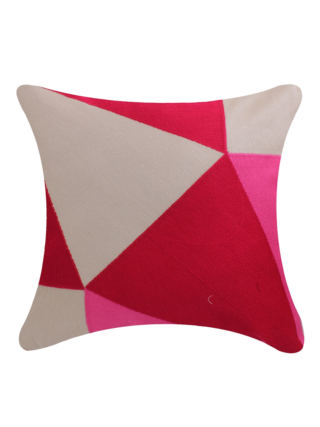 

CASMIR Pink & Red Geometric Embroidery Cotton Square Cushion Cover, Beige