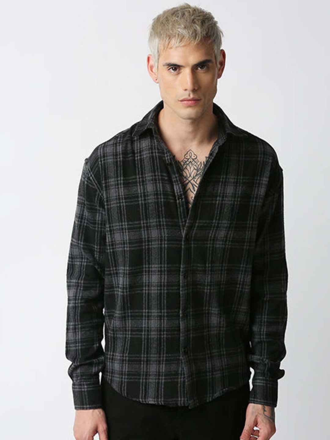 

HEMSTERS Relaxed Tartan Checks Spread Collar Long Sleeve Cotton Casual Shirt, Grey