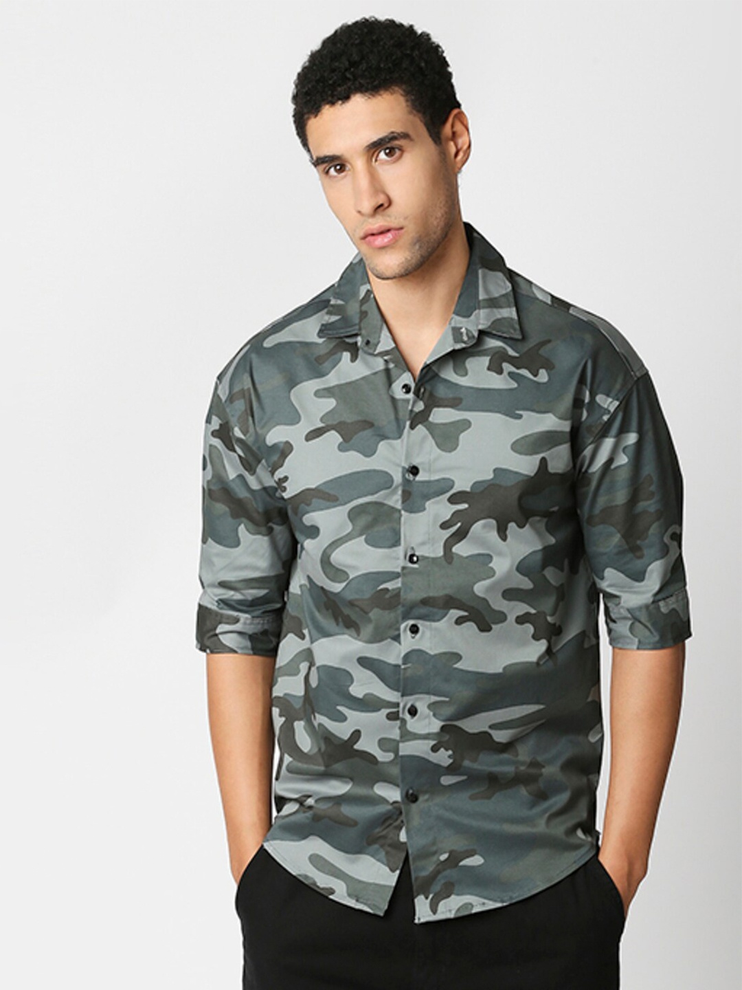 

HEMSTERS Relaxed Oversized Fit Camouflage Printed Cotton Casual Shirt, Olive