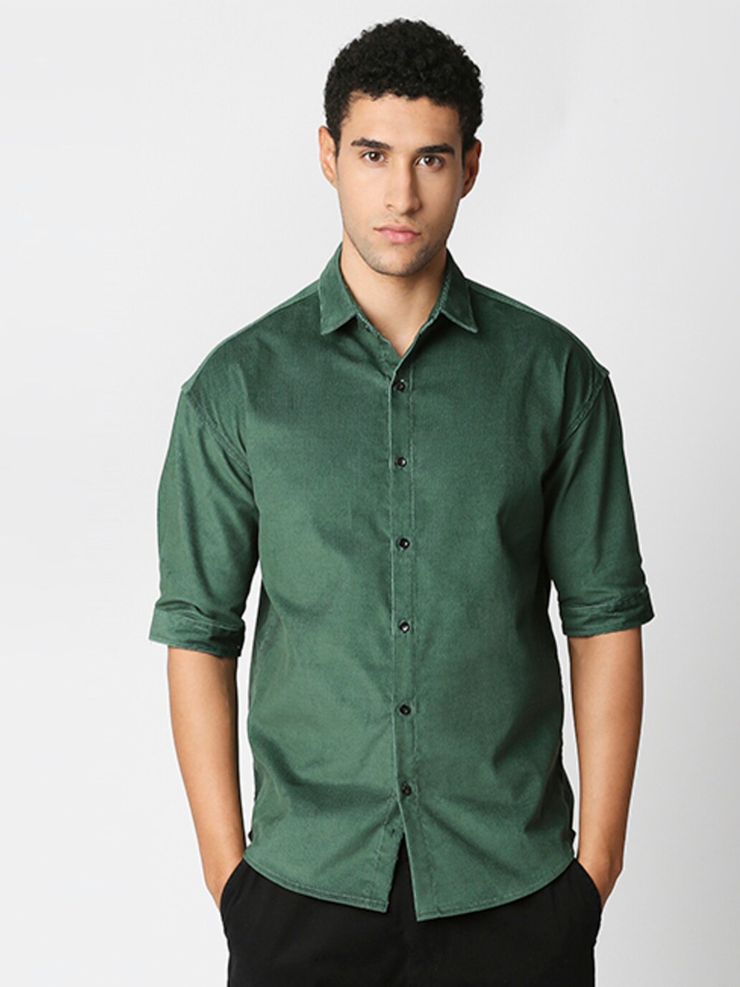 

HEMSTERS Relaxed Oversized Self Design Corduroy Casual Shirt, Olive