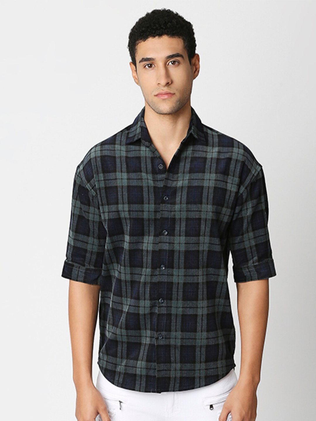 

HEMSTERS Relaxed Oversized Fit Tartan Checked Cotton Corduroy Casual Shirt, Green
