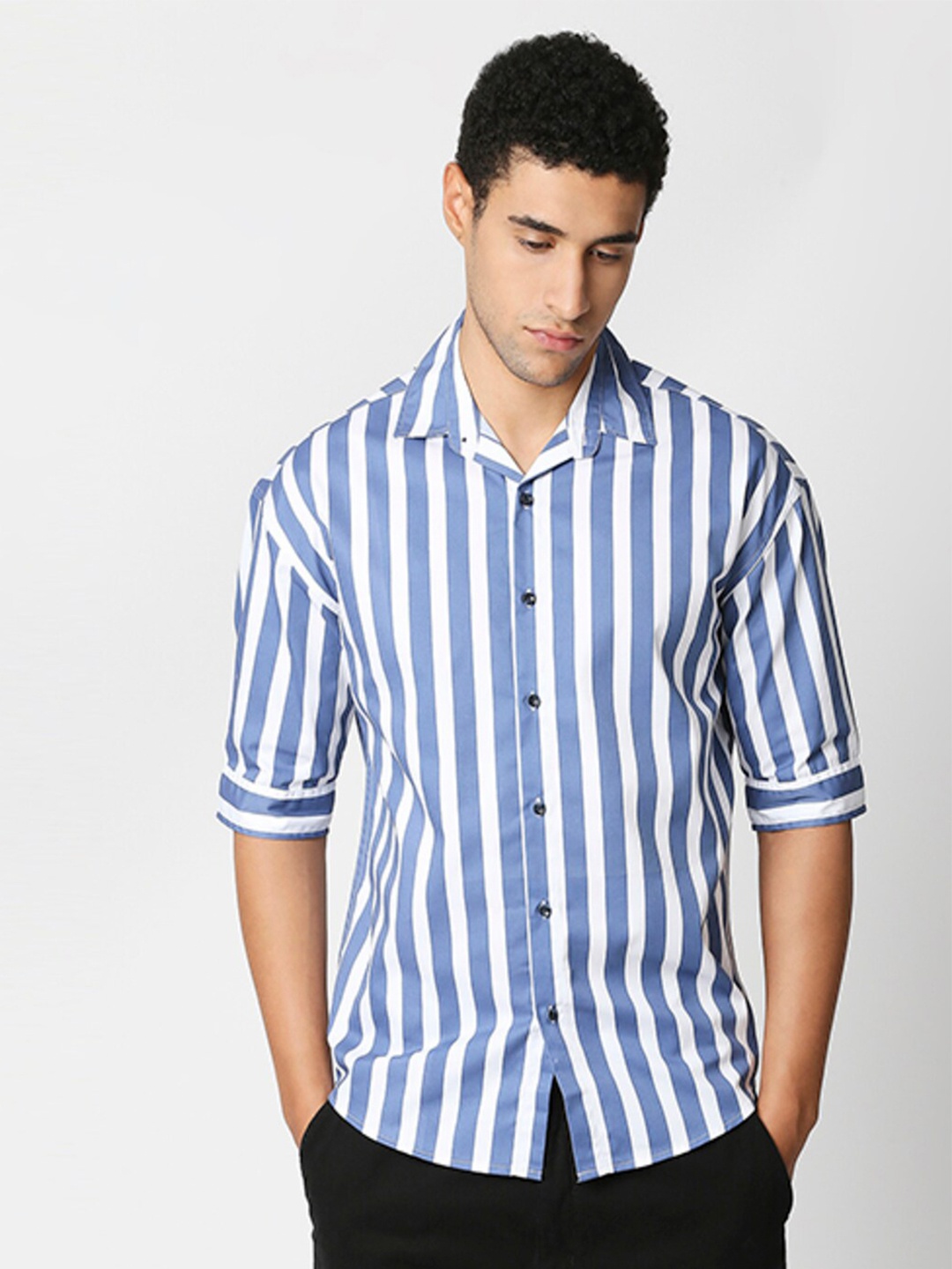 

HEMSTERS Relaxed Oversized Vertical Striped Cuban Collar Cotton Casual Shirt, Blue