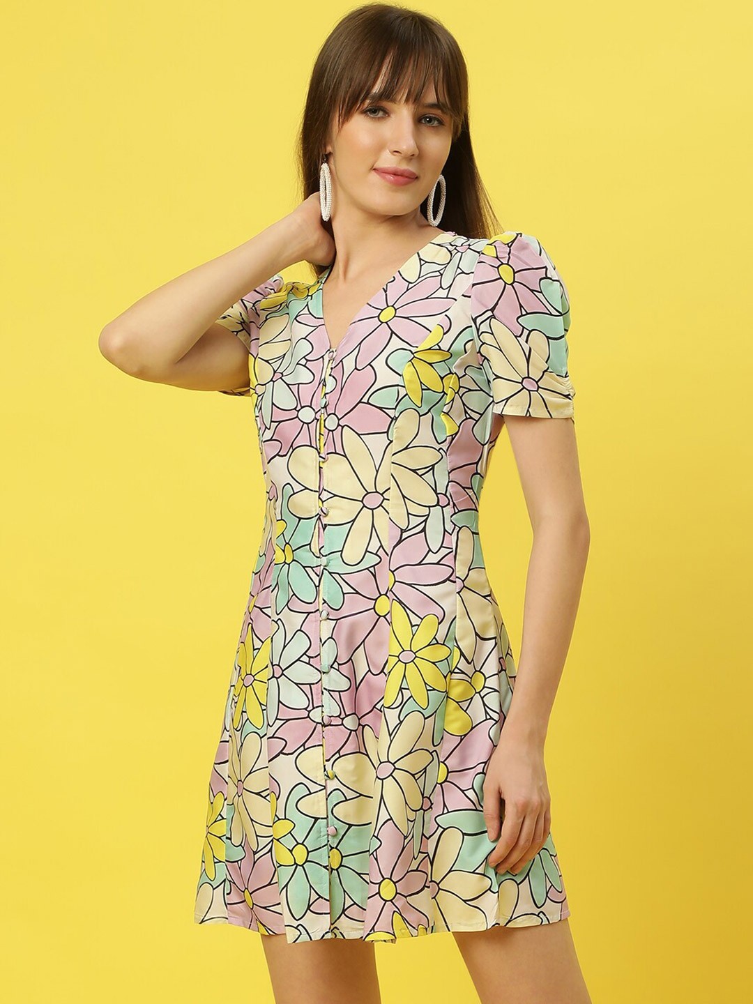 

Mast & Harbour Yellow & Purple Floral Printed V-Neck A-Line Dress