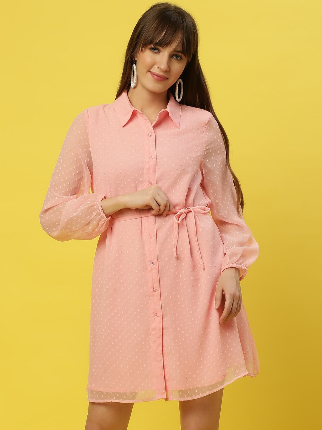 

Mast & Harbour Pink Self Design Puff Sleeves Tie Up Shirt Dress