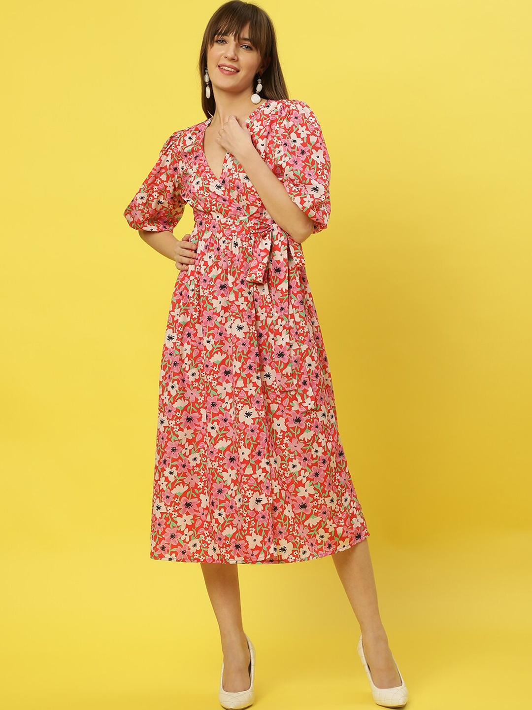 

Mast & Harbour Red & Pink Floral Printed Tie Up A-Line Midi Dress