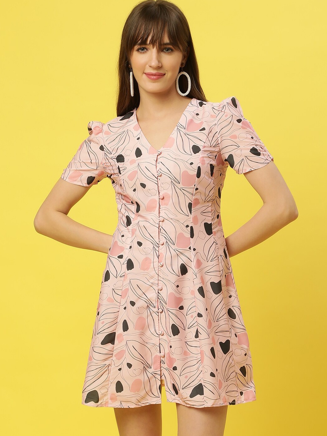 

Mast & Harbour Pink Floral Printed V-Neck A-Line Dress