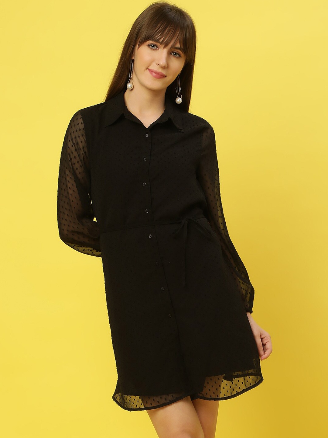

Mast & Harbour Black Self Design Shirt Dress