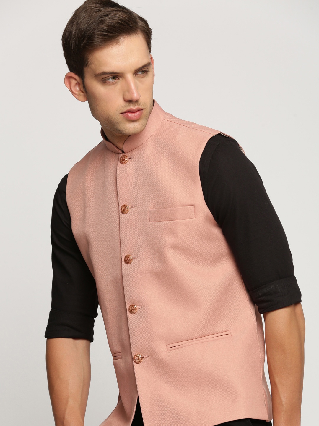 

SHOWOFF Mandarin Collar Slim-Fit Nehru Jackets, Peach