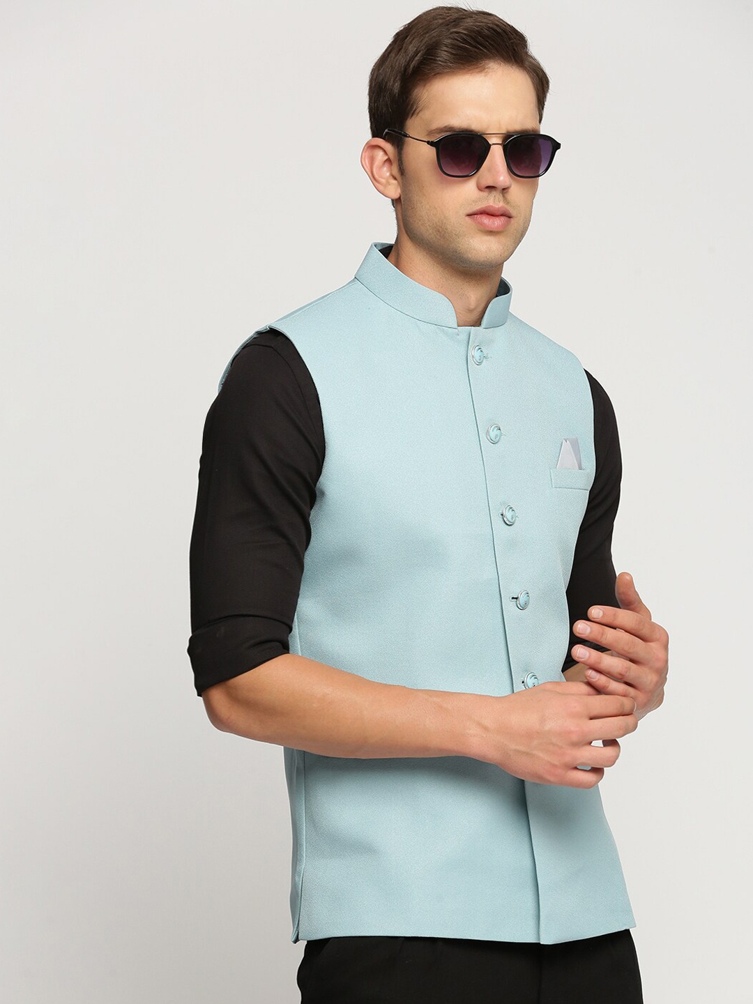 

SHOWOFF Mandarin Collar Slim-Fit Nehru Jacket, Blue