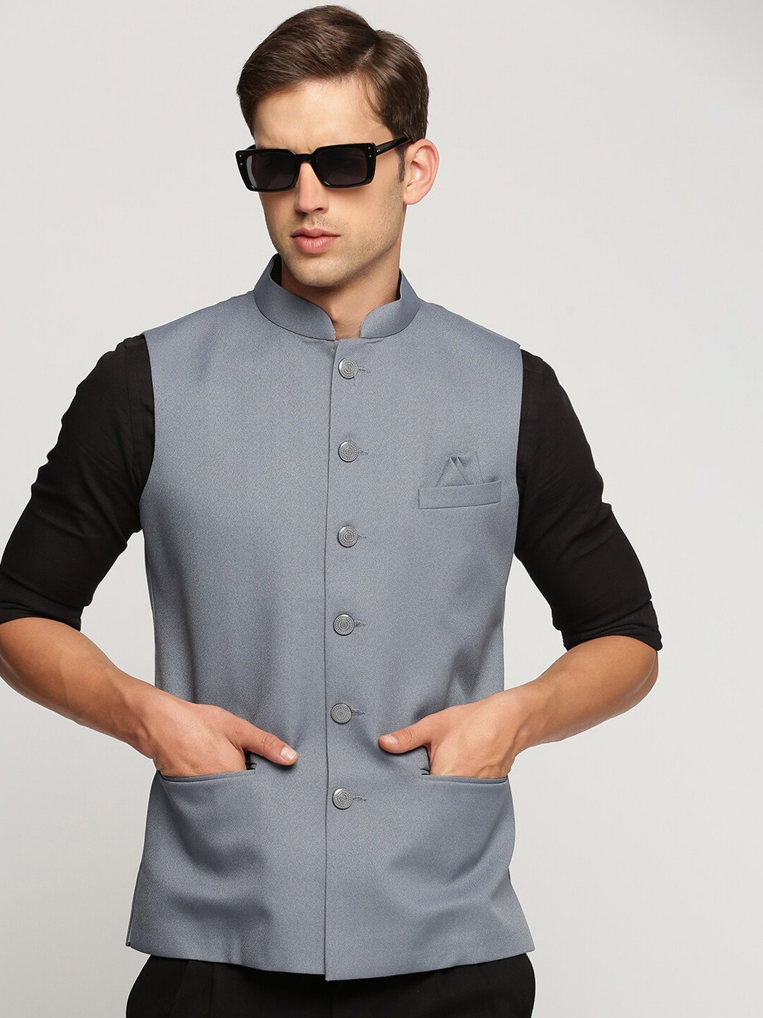 

SHOWOFF Mandarin Collar Slim-Fit Nehru Jacket, Grey