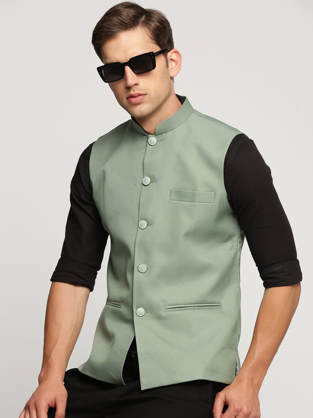 

SHOWOFF Slim Fit Mandarin Collar Nehru Jacket, Sea green