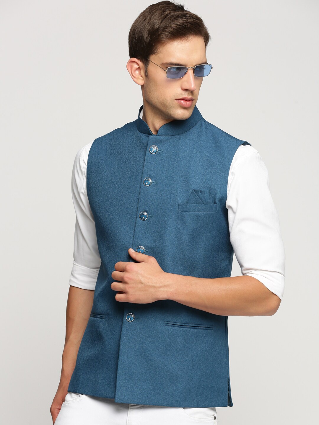 

SHOWOFF Mandarin Collar Slim-Fit Nehru Jacket, Teal