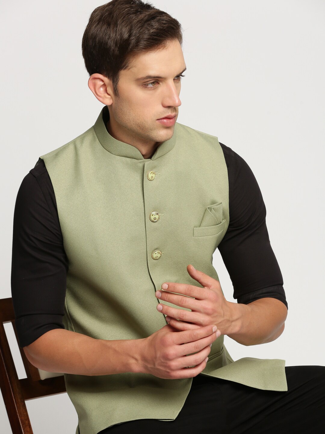

SHOWOFF Slim Fit Mandarin Collar Nehru Jacket, Olive
