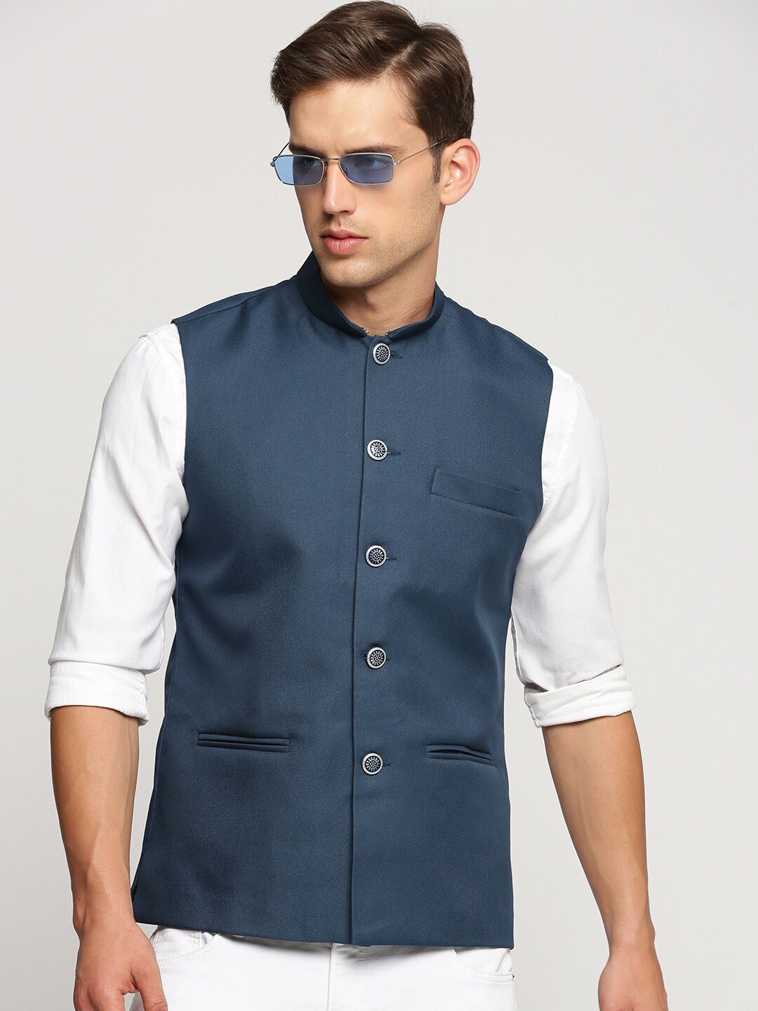 

SHOWOFF Slim Fit Mandarin Collar Nehru Jacket, Teal