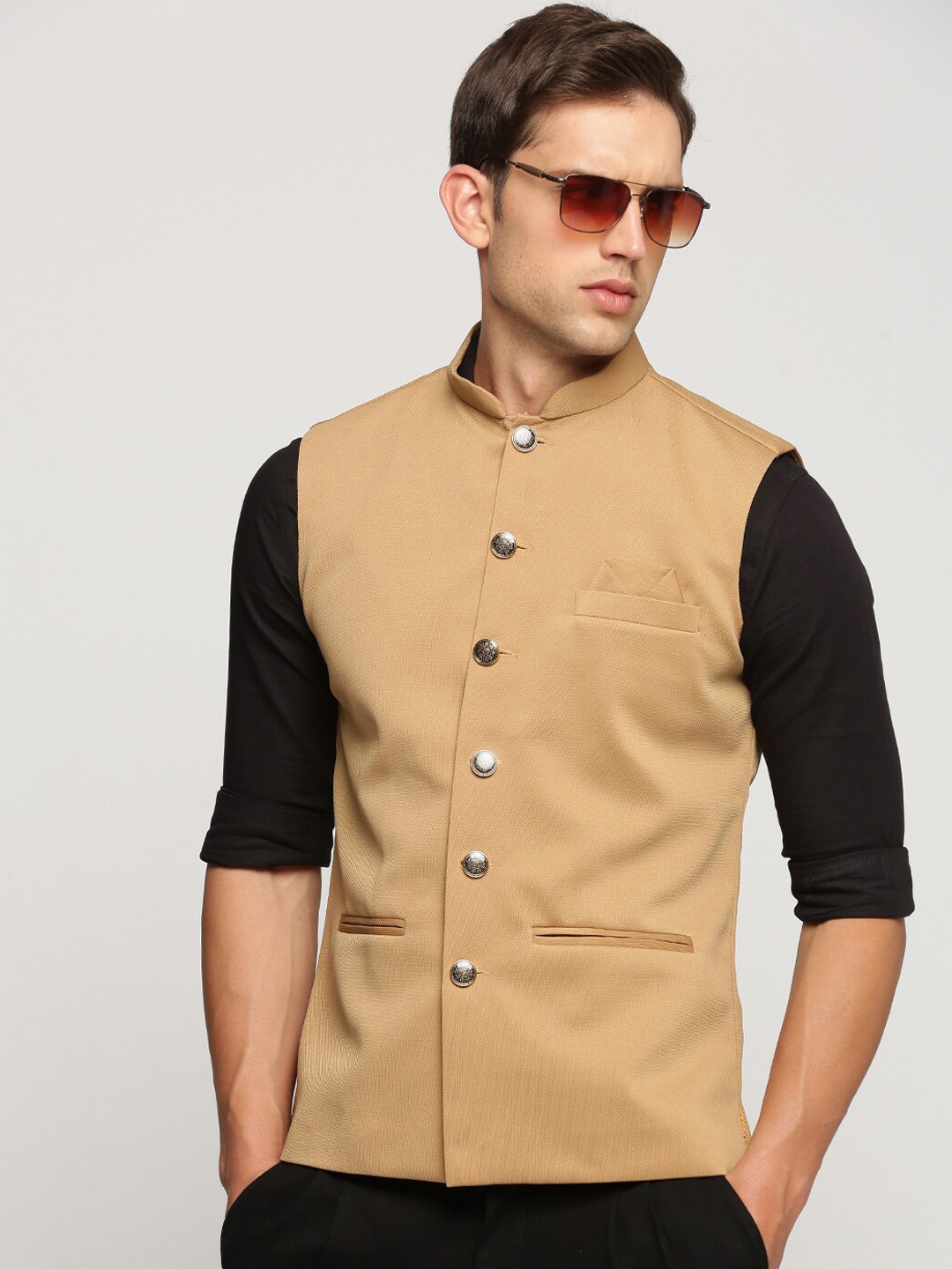 

SHOWOFF Slim Fit Mandarin Collar Nehru Jacket, Brown