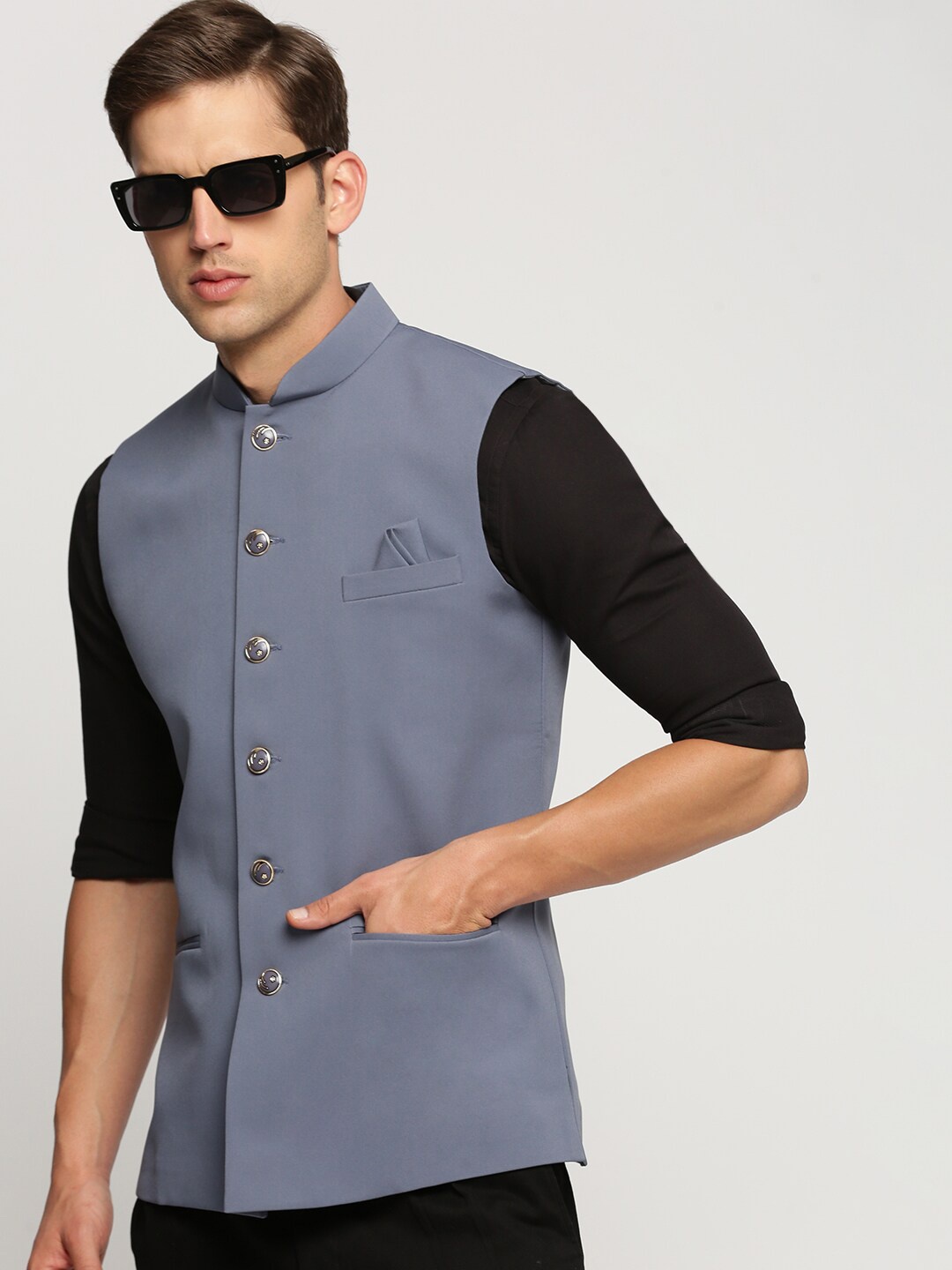 

SHOWOFF Mandarin Collar Slim-Fit Nehru Jacket, Grey