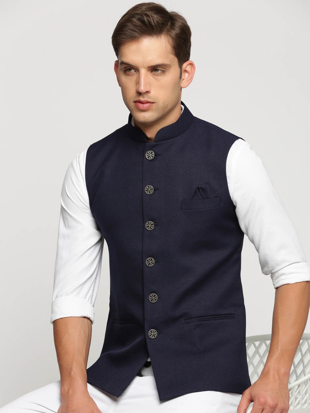 

SHOWOFF Slim Fit Mandarin Collar Nehru Jacket, Navy blue
