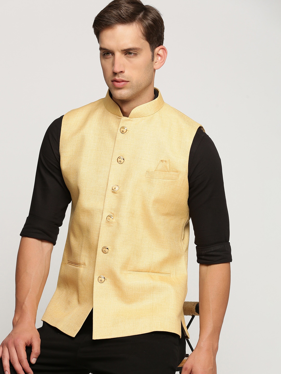 

SHOWOFF Slim Fit Mandarin Collar Nehru Jacket, Yellow