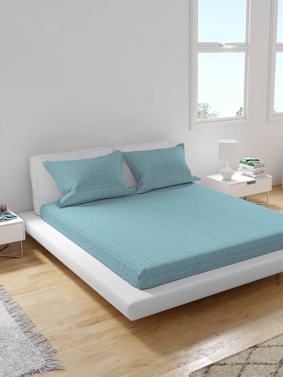 

Himeya Blue Geometric Cotton 300 TC Fitted King Bedsheet