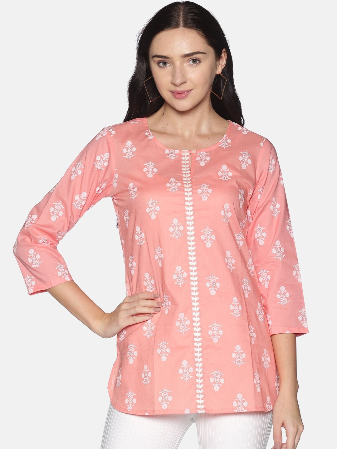 

Saffron Threads Floral Printed Embroidered Pure Cotton Tunic, Peach