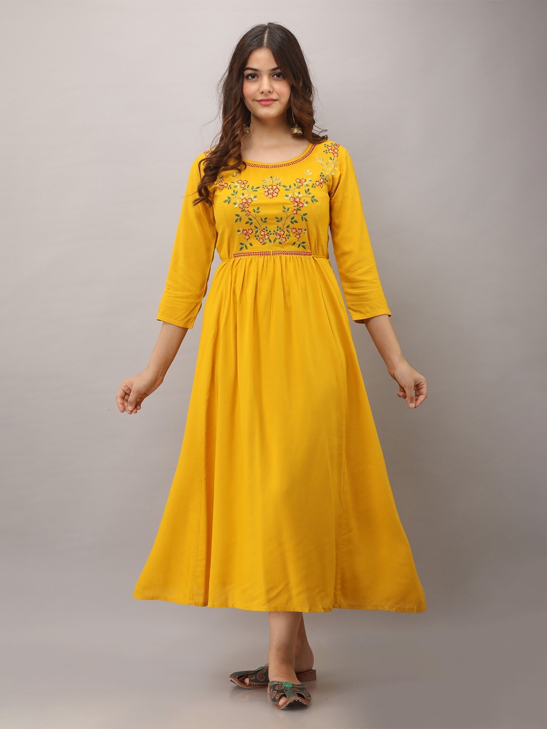 

SHOOLIN Floral Embroidered Fit and Flare Ethnic Dresses, Mustard