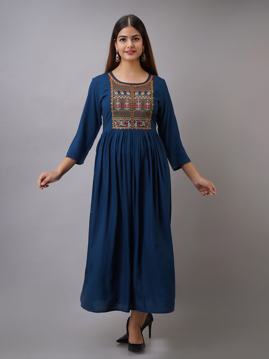 

SHOOLIN Ethnic Motif Embroidered Fit & Flare Ethnic Dress, Navy blue