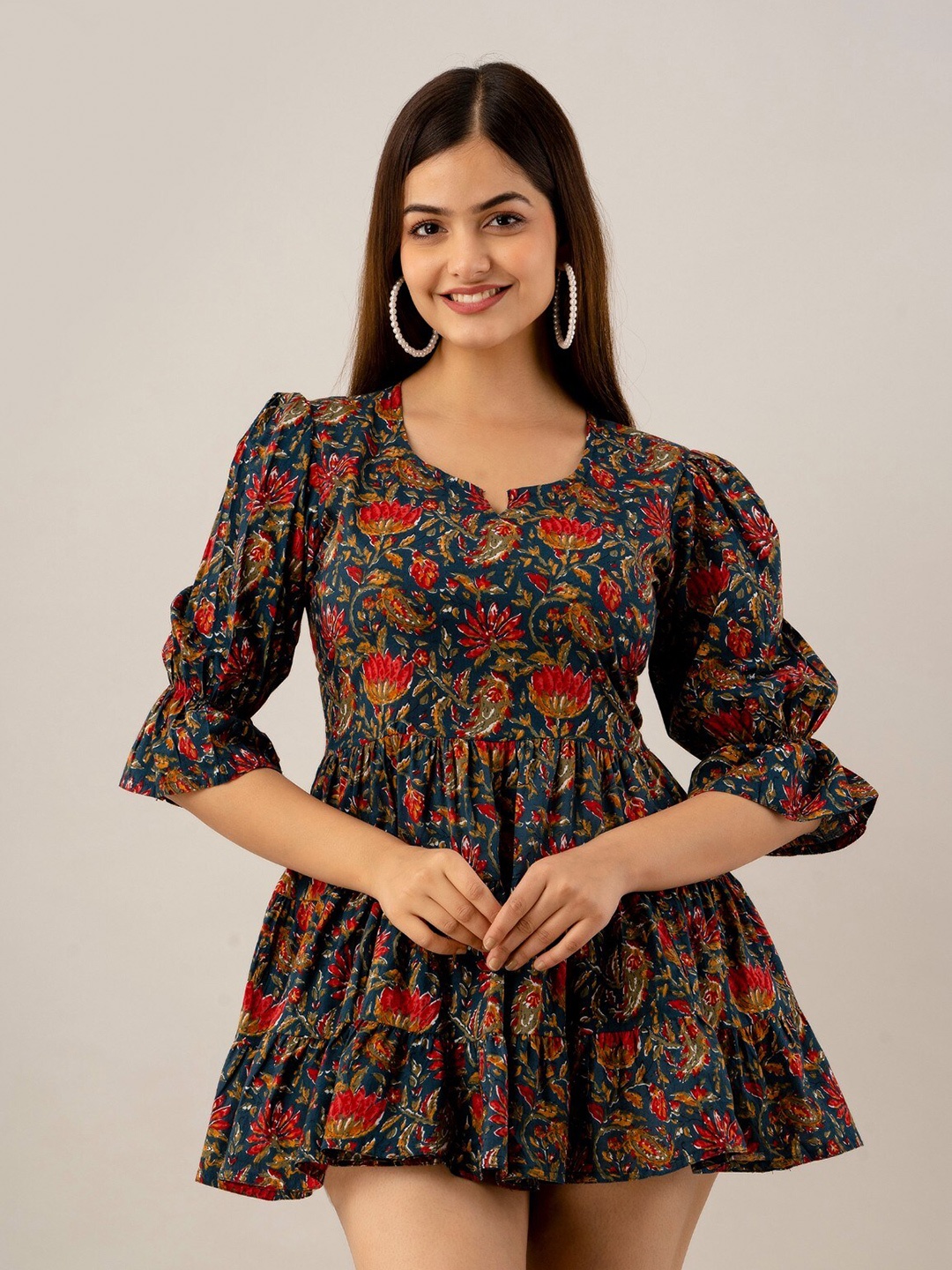 

SHOOLIN Floral Printed Puff Sleeves Pure Cotton Fit & Flare Dress, Blue
