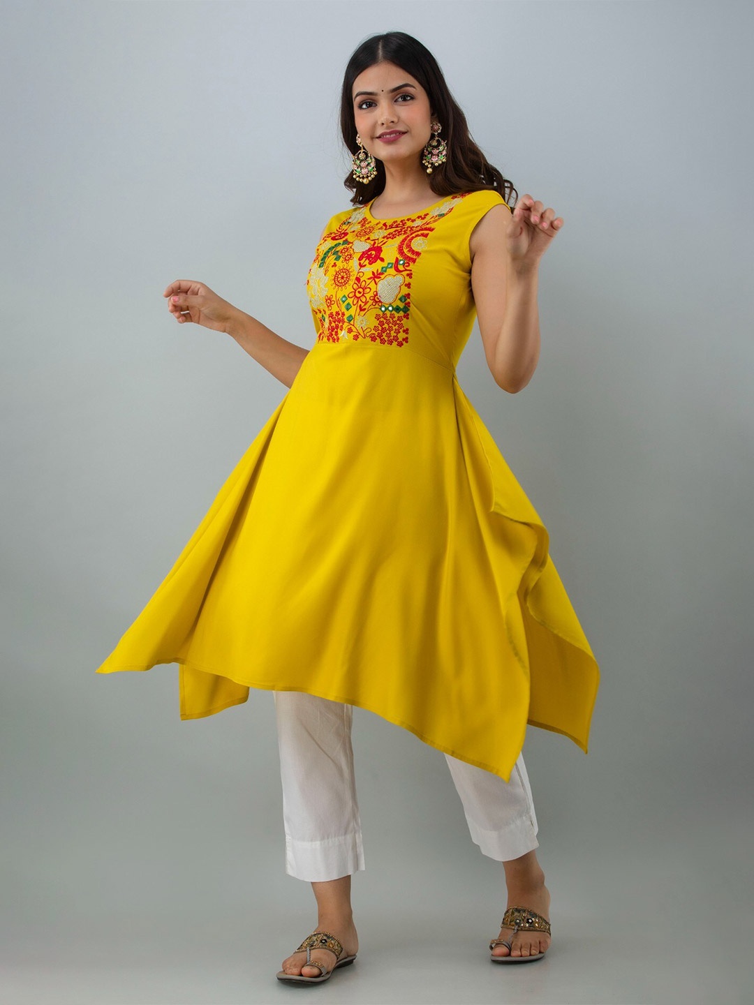 

SHOOLIN Floral Yoke Design Thread Work A-Line Kurta, Mustard