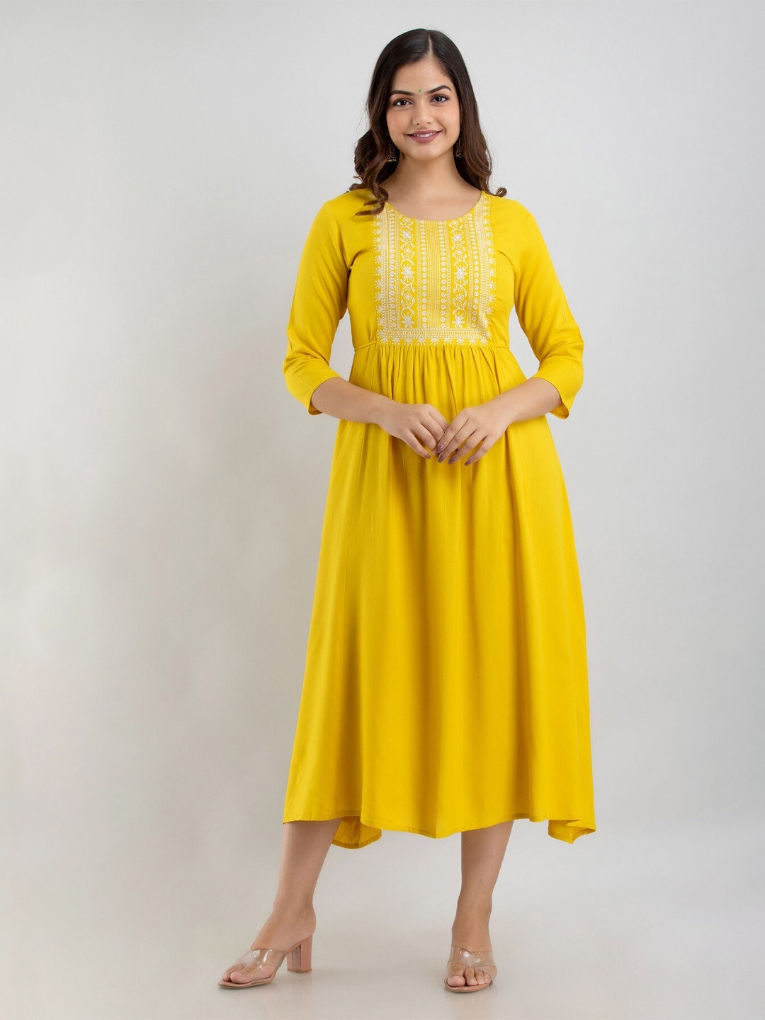 

SHOOLIN Ethnic Motifs Embroidered A-Line Ethnic Dress, Mustard