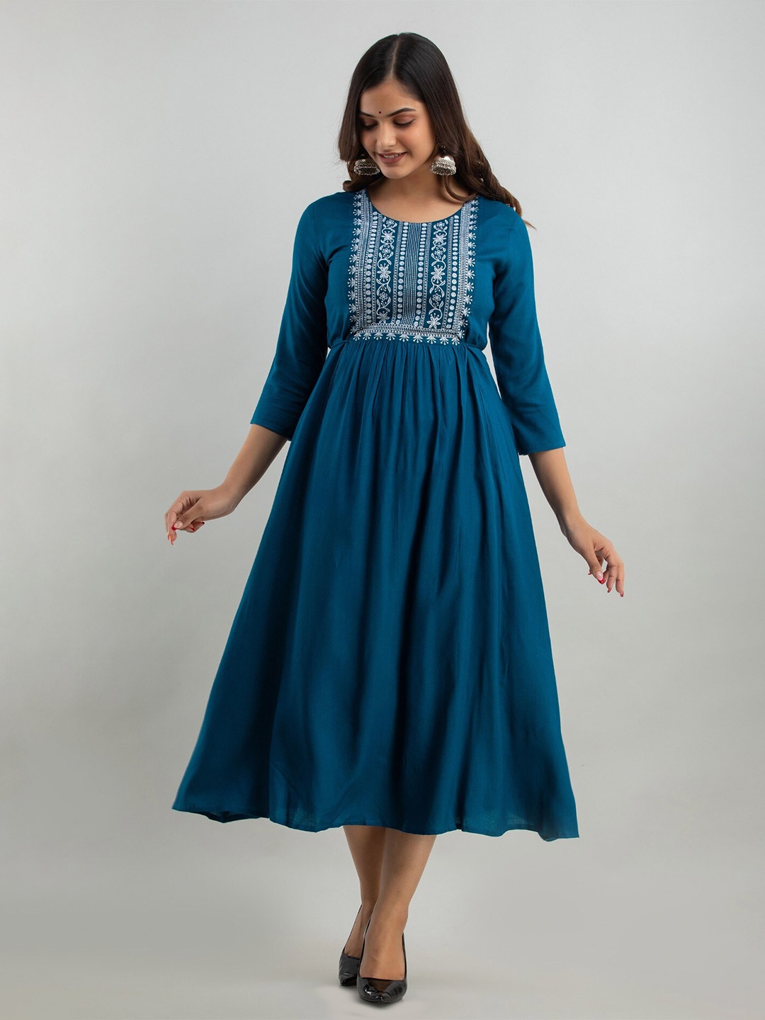 

SHOOLIN Floral Embroidered Fit & Flare Ethnic Dress, Blue