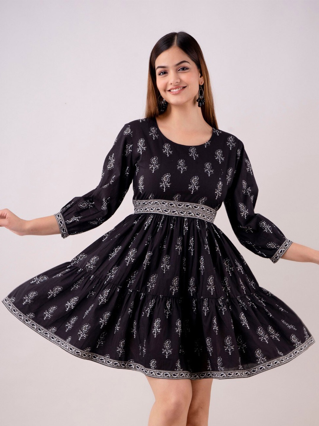 

SHOOLIN Ethnic Printed Puff Sleeves Gathered Pure Cotton Fit and Flare Dress, Black