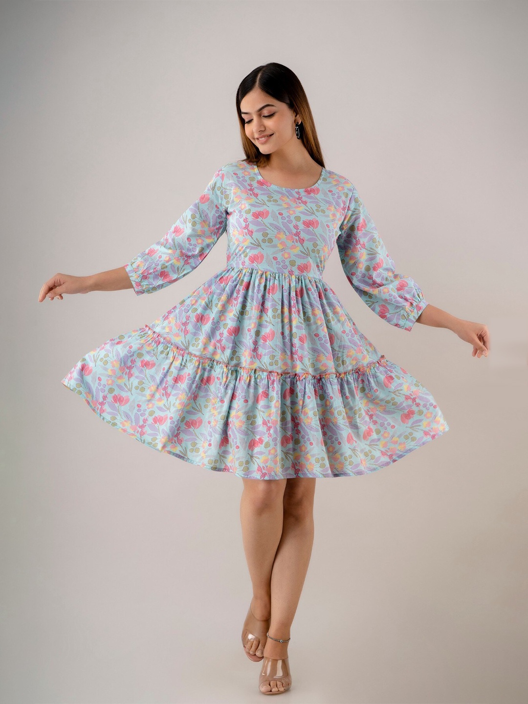 

SHOOLIN Floral Printed Puff Sleeves Gathered Pure Cotton Fit and Flare Dress, Blue
