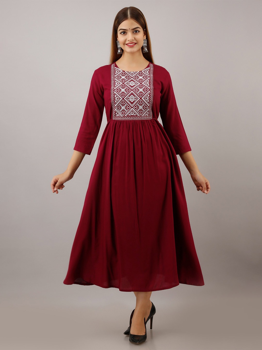 

SHOOLIN Floral Embroidered Fit & Flare Ethnic Dress, Maroon