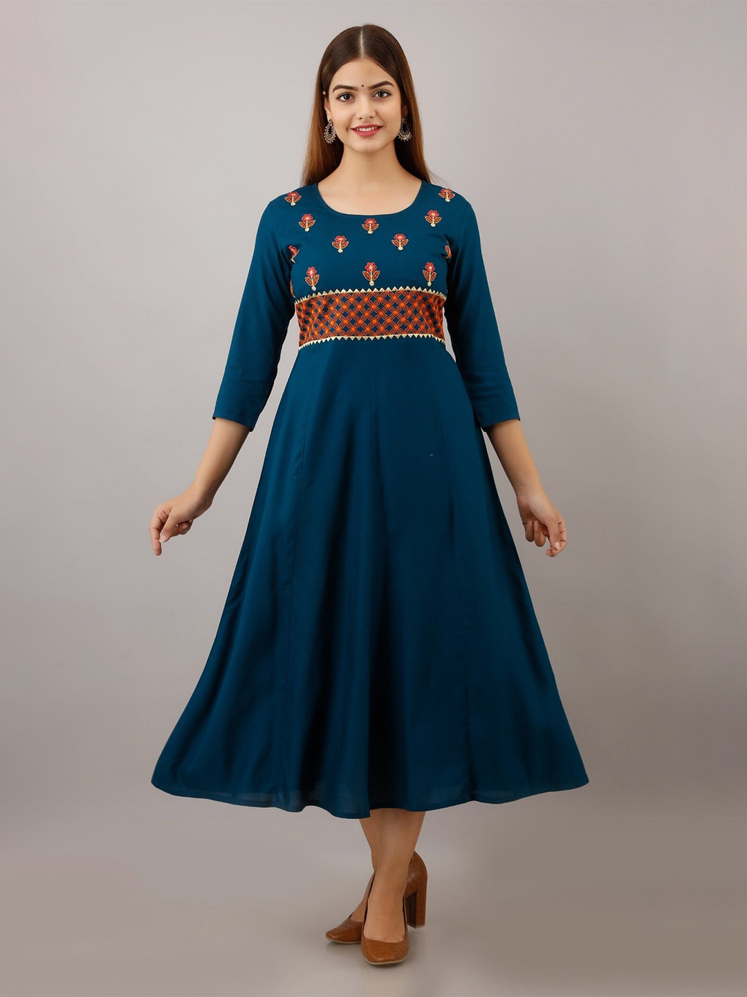 

SHOOLIN Floral Embroidered Fit & Flare Ethnic Dress, Navy blue