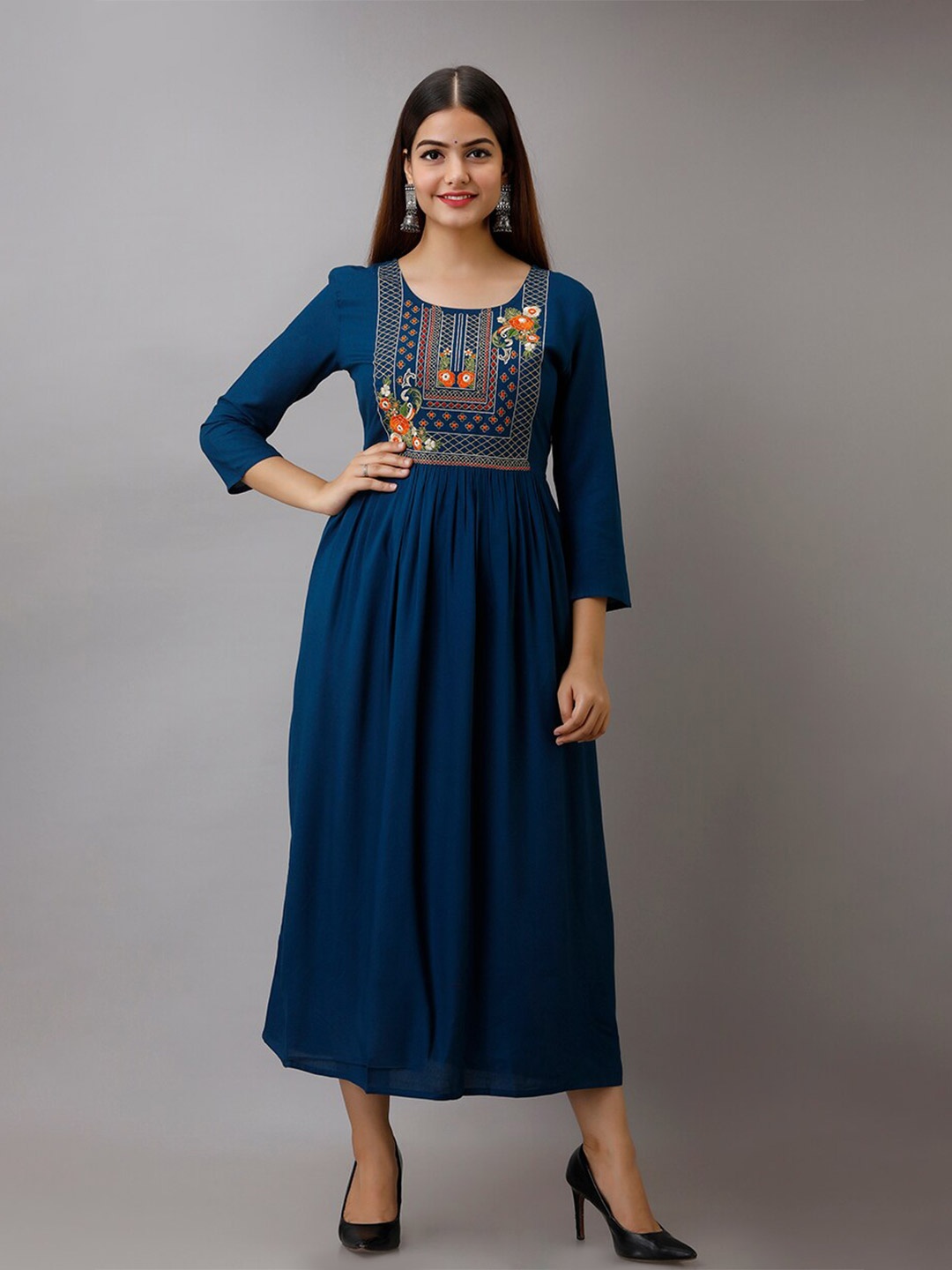 

SHOOLIN Floral Embroidered Fit & Flare Ethnic Dress, Navy blue