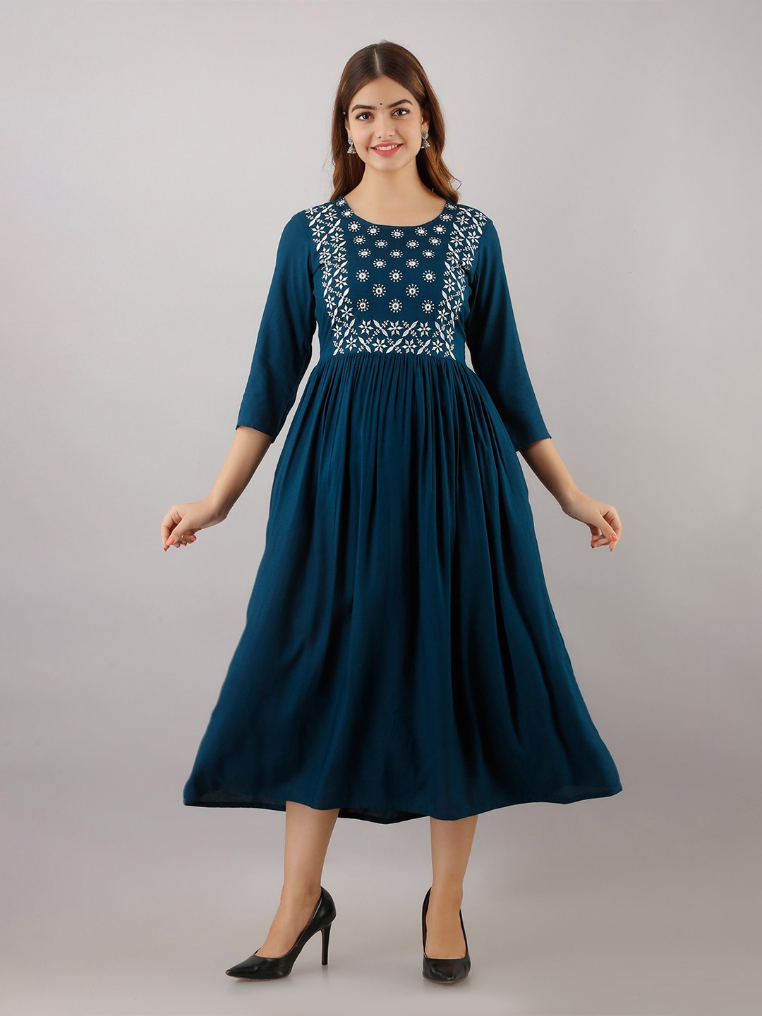 

SHOOLIN Ethnic Motifs Embroidered A-Line Ethnic Dress, Blue