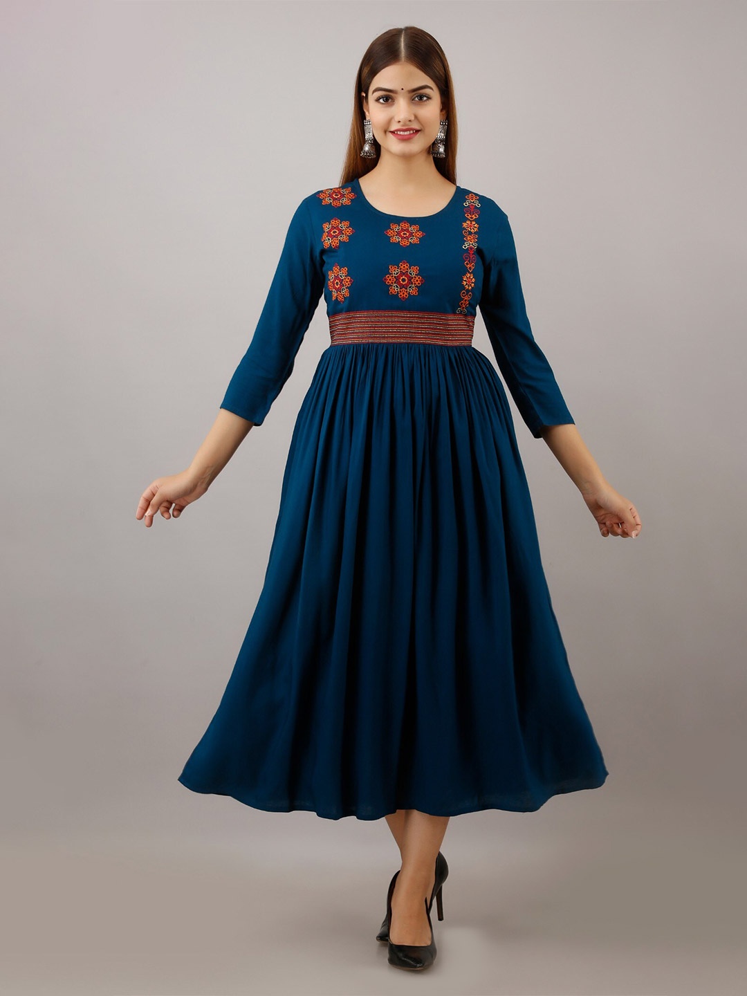 

SHOOLIN Floral Embroidered Thread Work A-Line Midi Ethnic Dress, Blue
