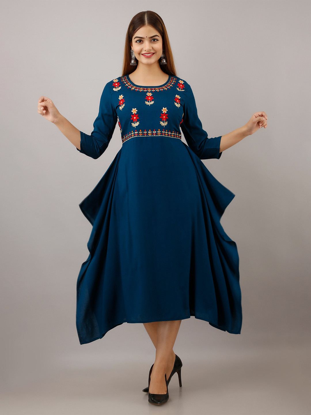 

SHOOLIN Floral Embroidered A Line Ethnic Dress, Blue