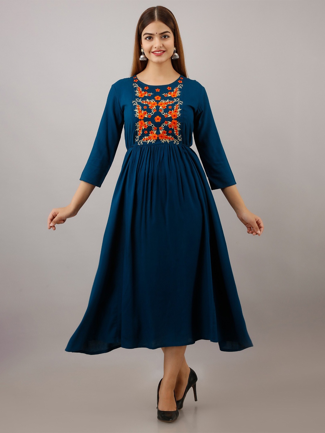 

SHOOLIN Floral Embroidered Fit & Flare Ethnic Dress, Navy blue