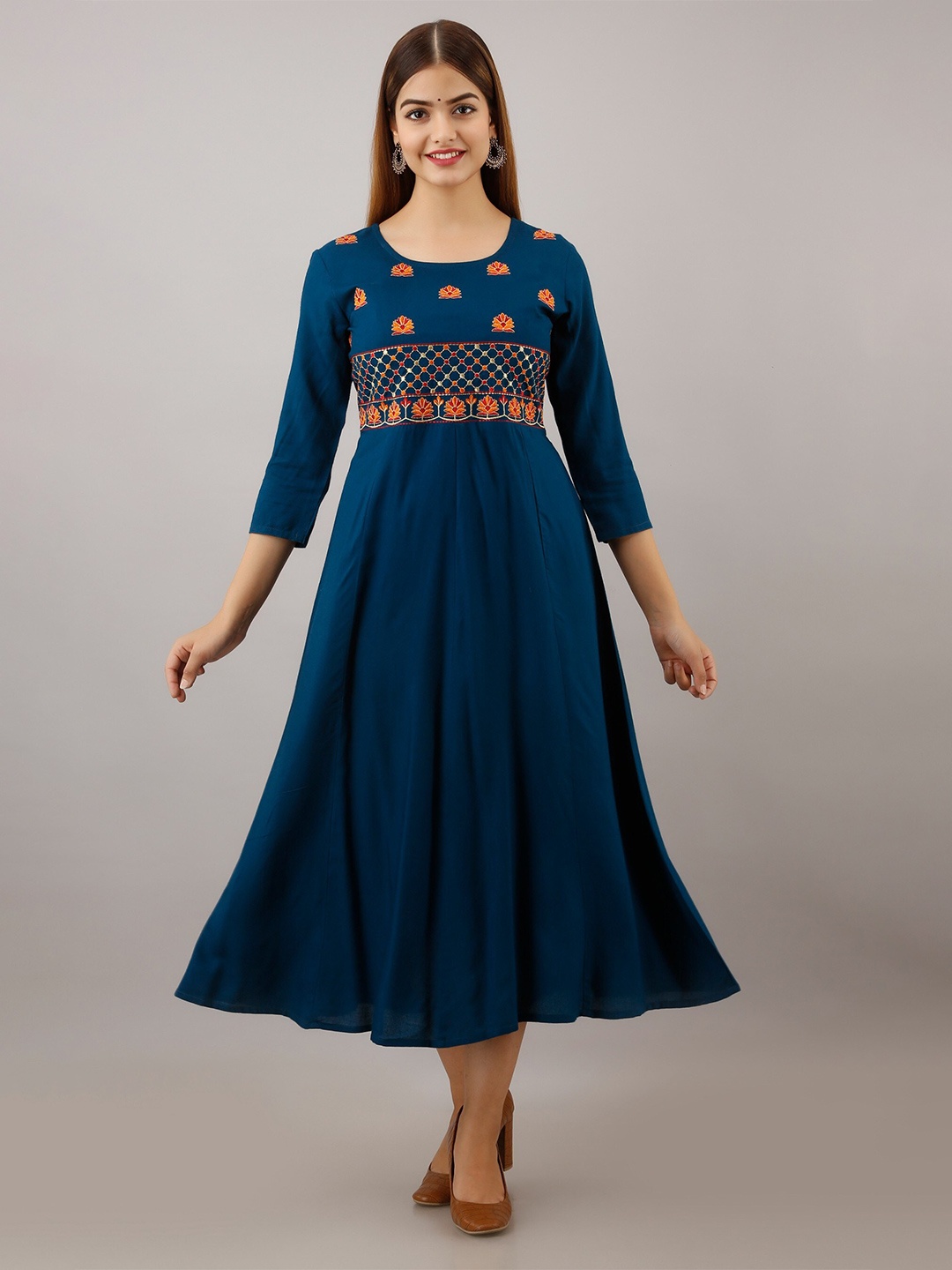 

SHOOLIN Ethnic Motifs Embroidered A-Line Ethnic Dress, Blue