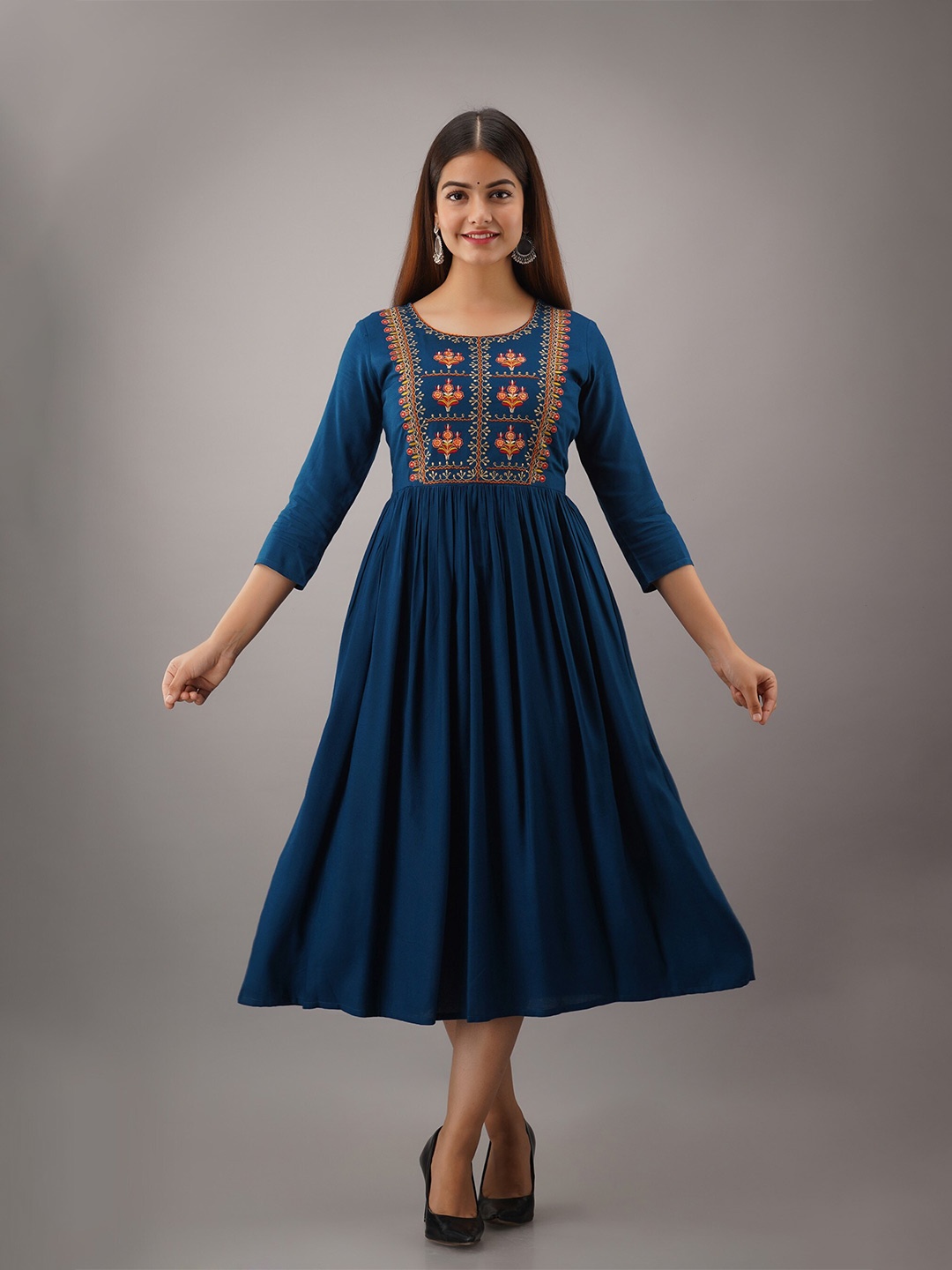 

SHOOLIN Ethnic Motifs Embroidered A-Line Ethnic Dress, Blue