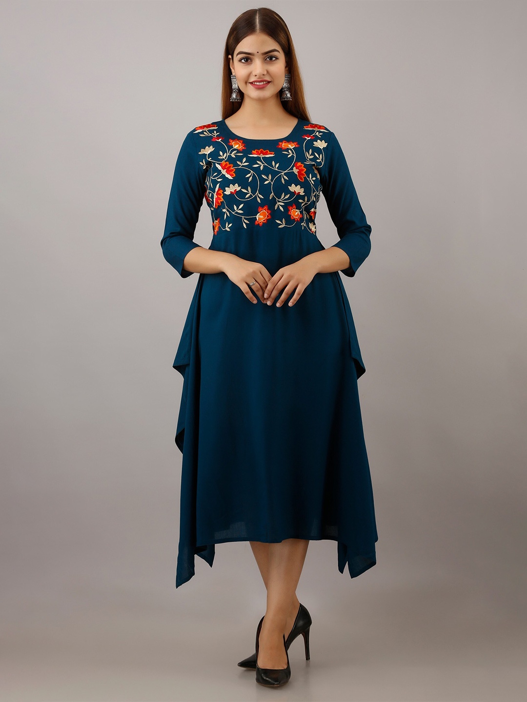 

SHOOLIN Floral Embroidered Ruffled A-Line Midi Ethnic Dress, Blue