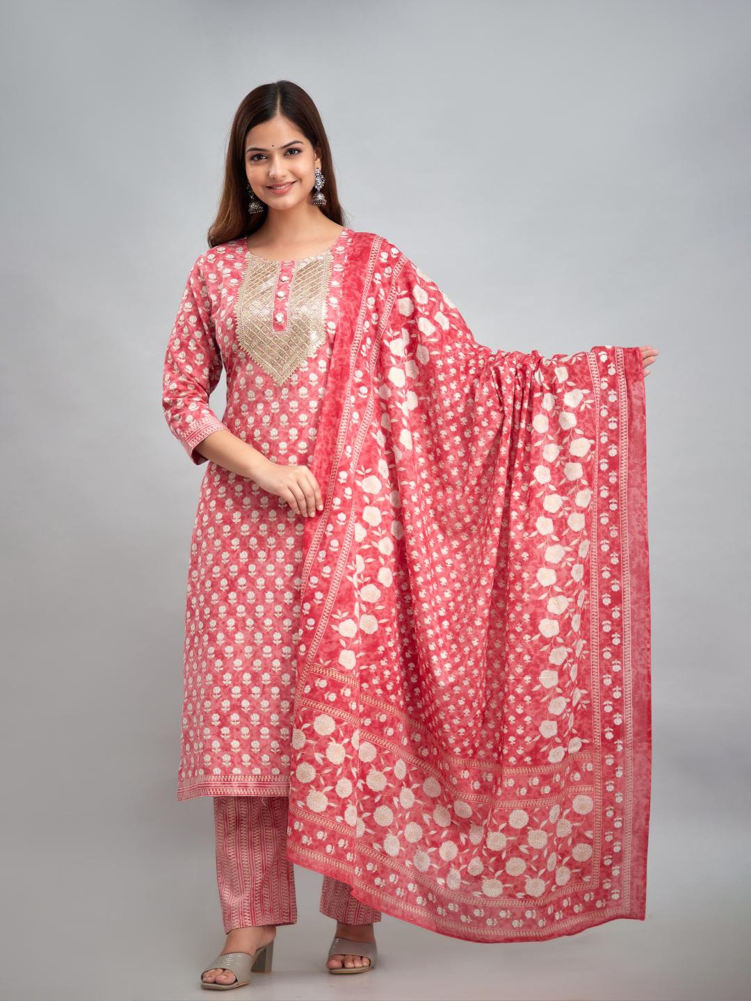 

SHOOLIN Woven Design Round-Neck Kurta With Trousers & Dupatta, Pink
